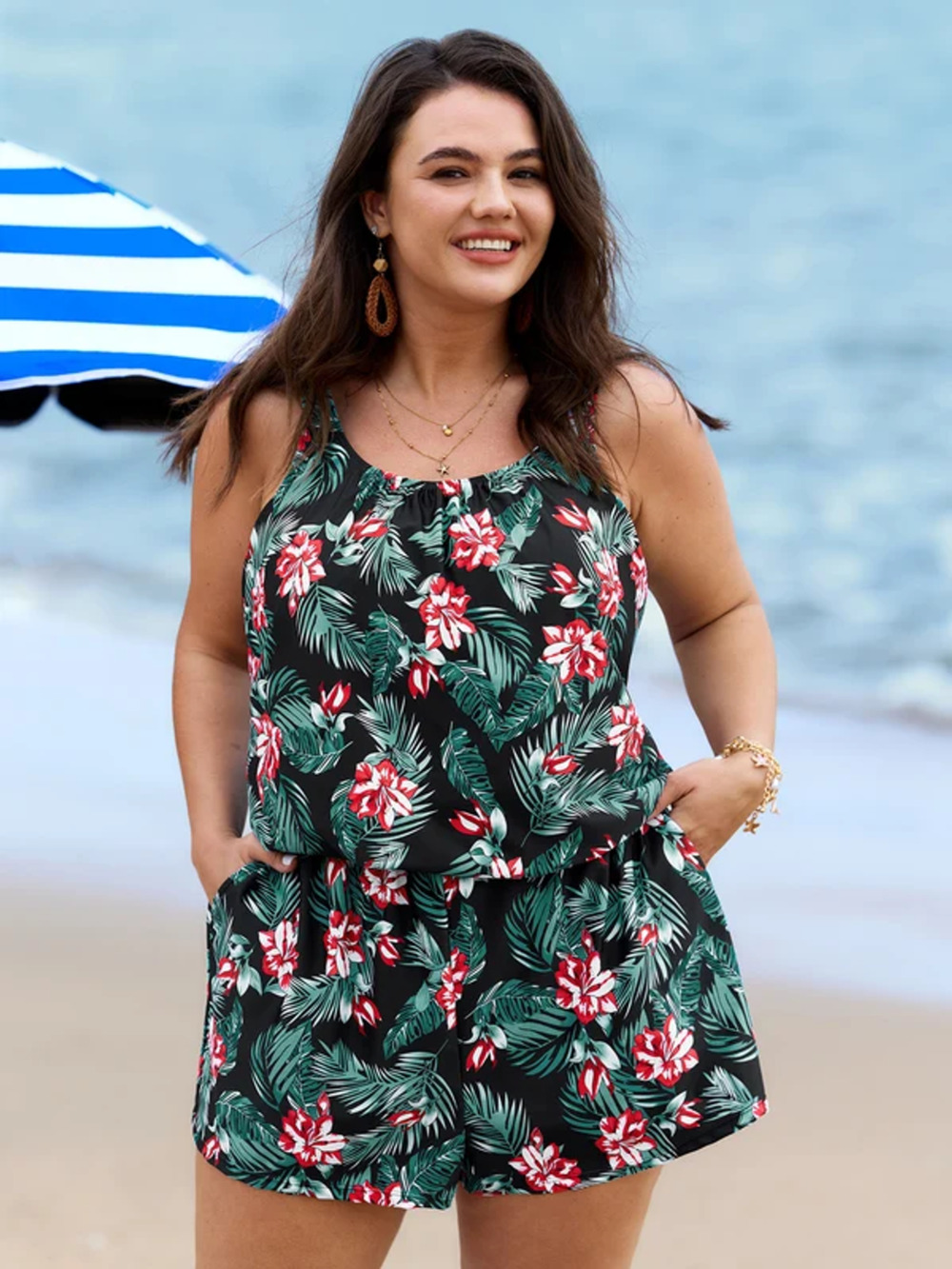 BloomChic Plus Size 1X 14-16 Tropical One Piece Swim Romper with Shorts Pockets
